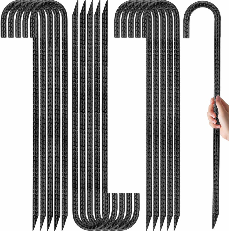 Kingsyard 16 Pack 16 Inch Galvanized Steel Metal J Hook Rebar Stakes, 0.4 inch Diameter Ground Anchors Heavy Duty Tent Stakes, Trampolines Stakes, Chain Link Fence Stakes, Black - Image 1